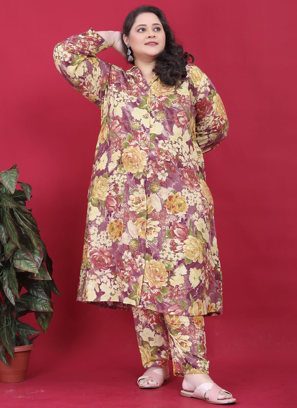 Multicolor plus size printed kurta pant set with pockets premium rayon fabric