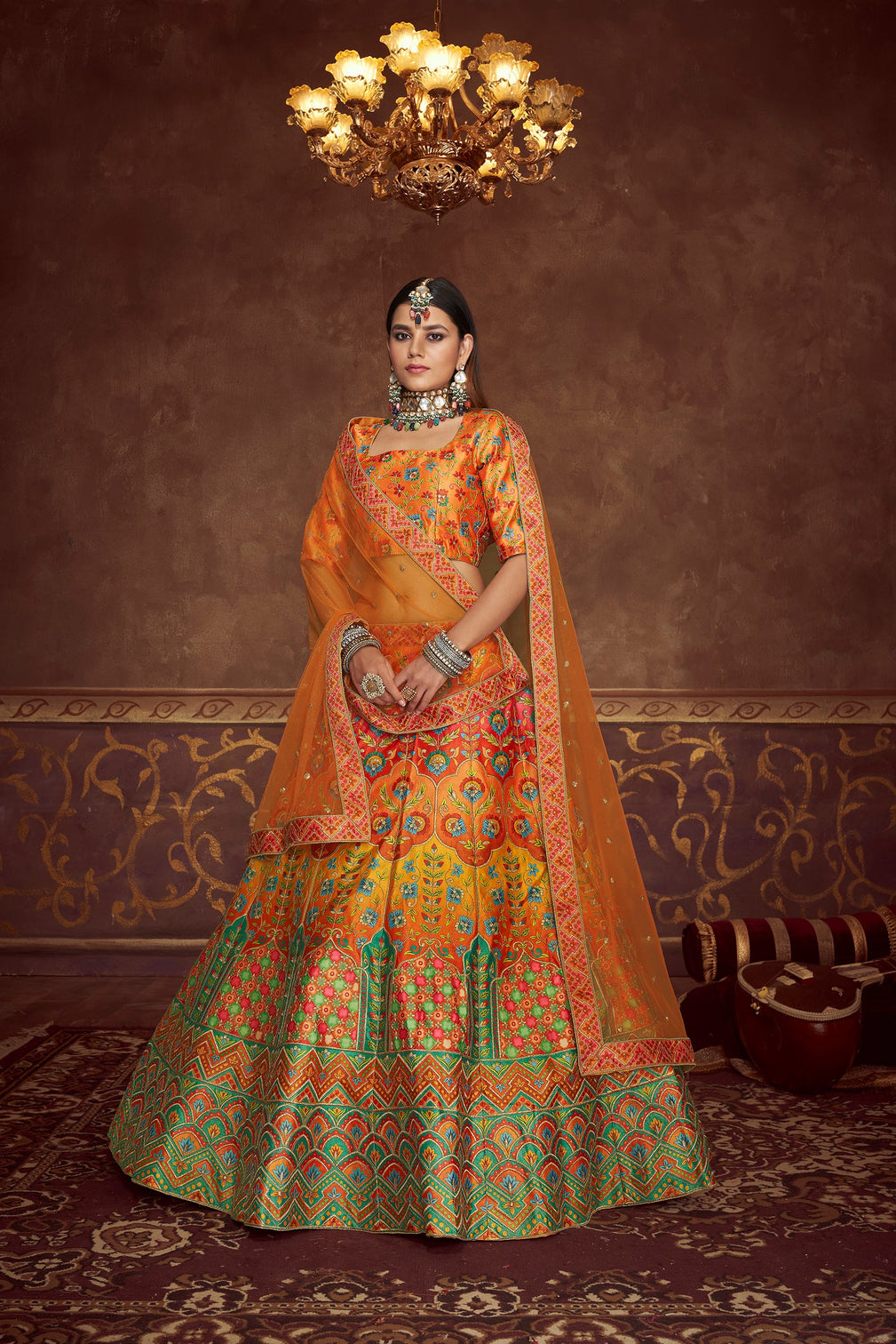 Multicolored Soft Art Silk Embroidered Umbrella Lehenga Wedding Wear