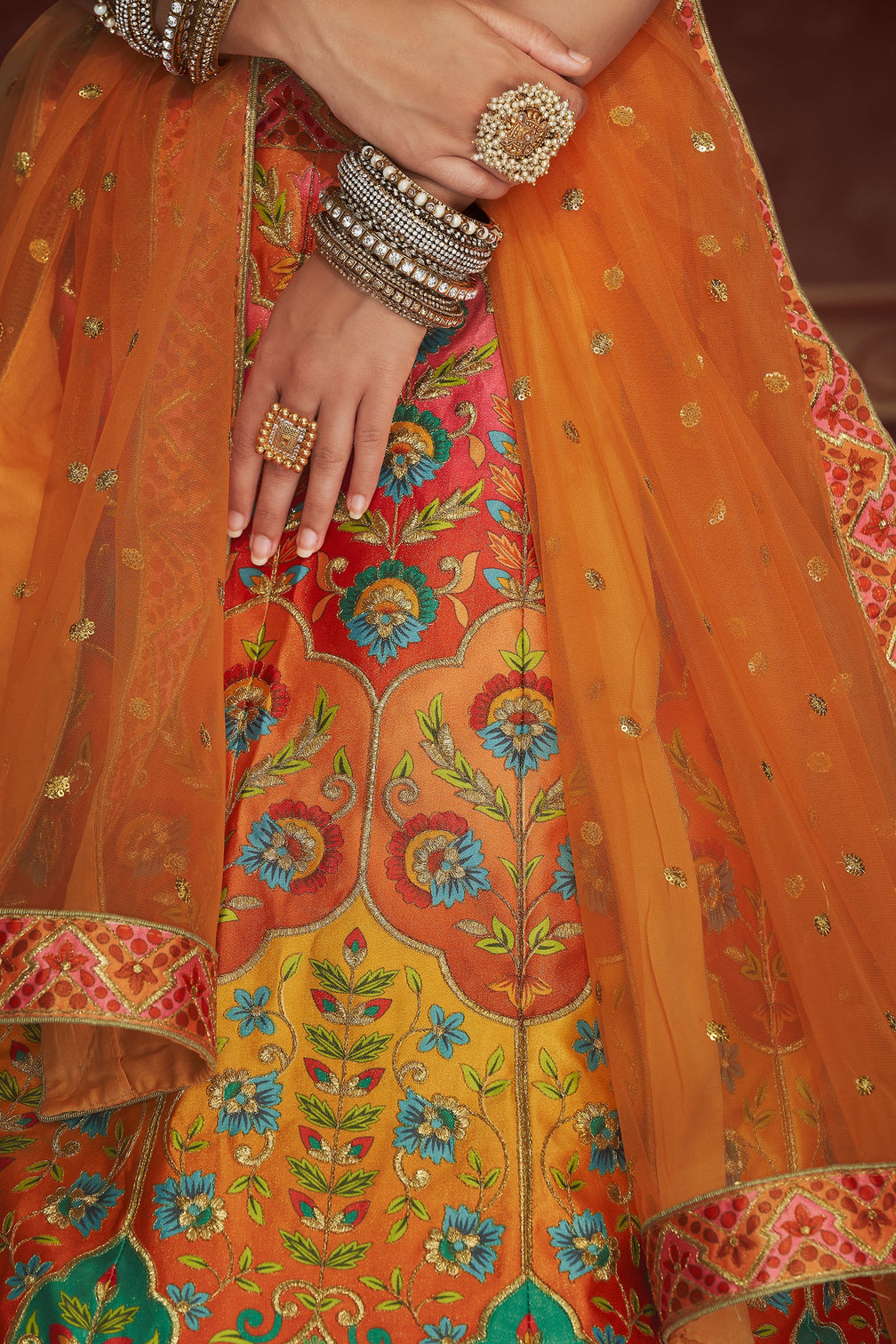 Multicolored Soft Art Silk Embroidered Umbrella Lehenga Wedding Wear