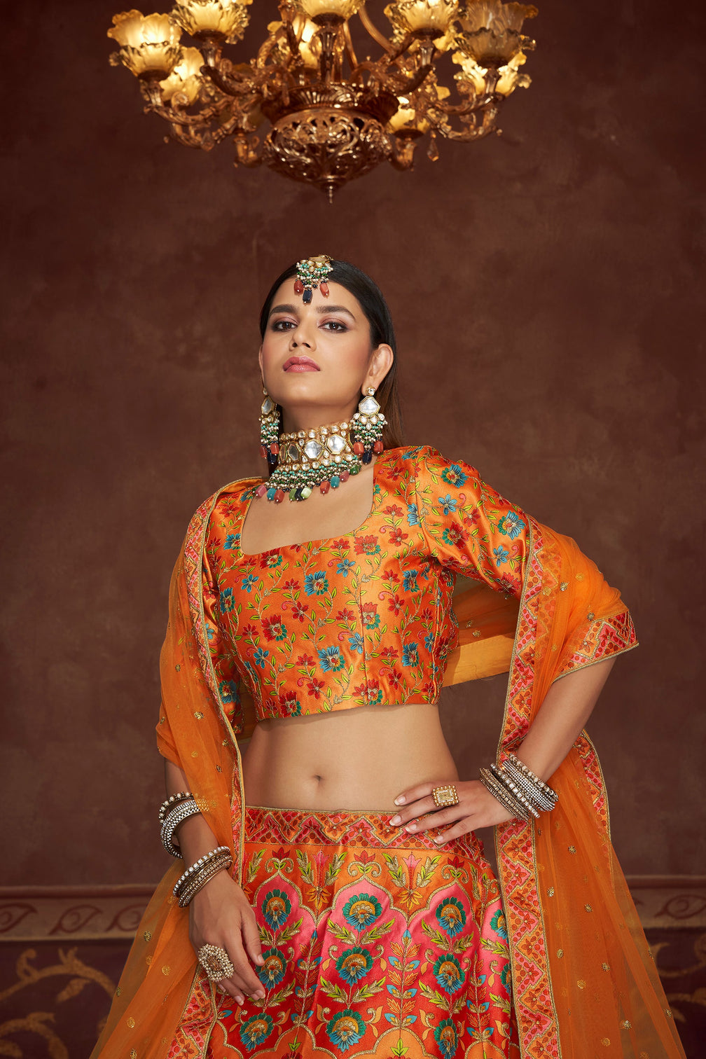 Multicolored Soft Art Silk Embroidered Umbrella Lehenga Wedding Wear