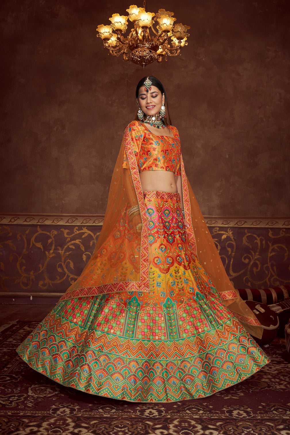 Multicolored Soft Art Silk Embroidered Umbrella Lehenga Wedding Wear