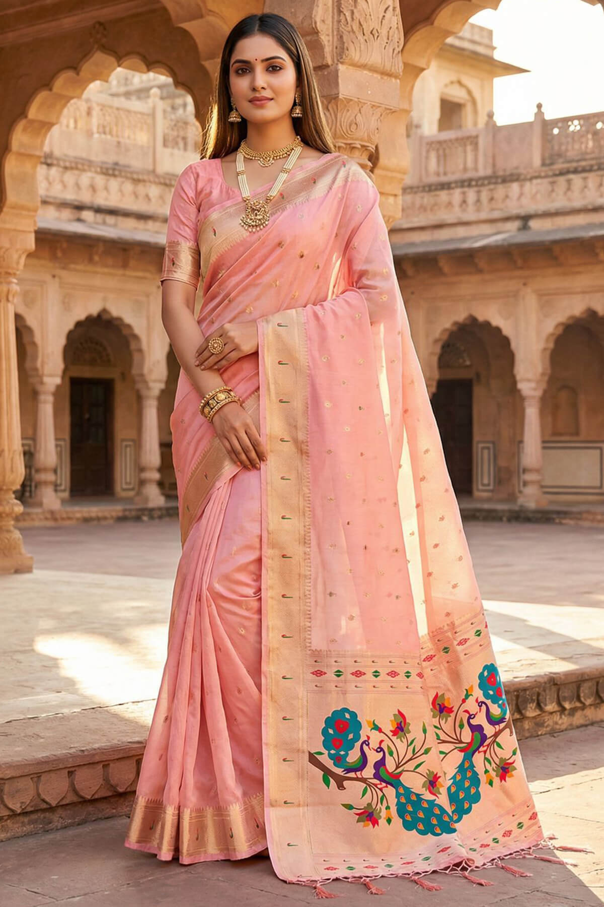 Ideal Baby Pink Paithani Silk Saree With Imaginative Blouse Piece