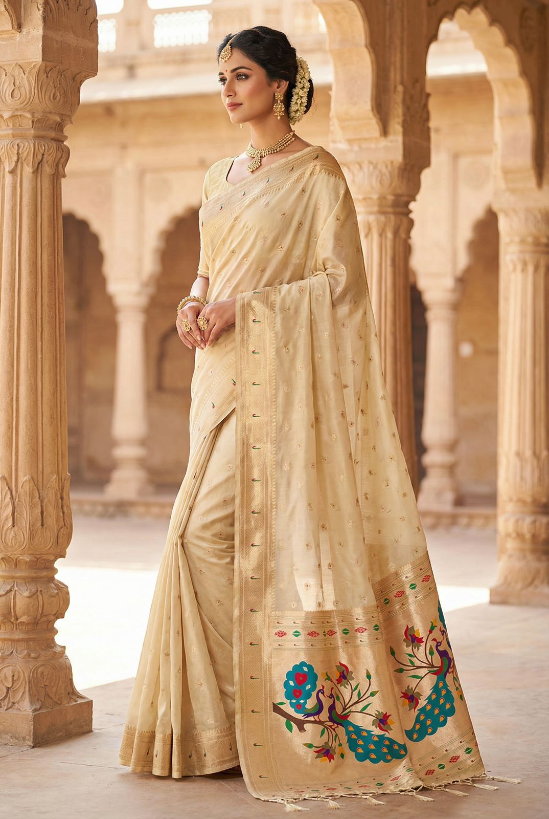 Appealing Beige Paithani Silk Saree With Elision Blouse Piece