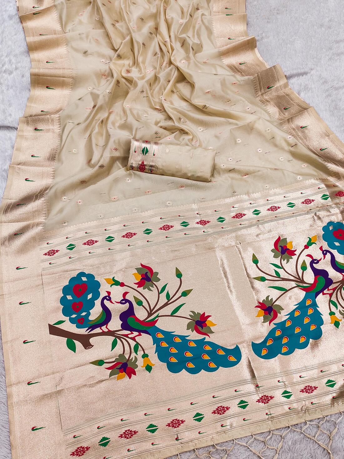 Appealing Beige Paithani Silk Saree With Elision Blouse Piece