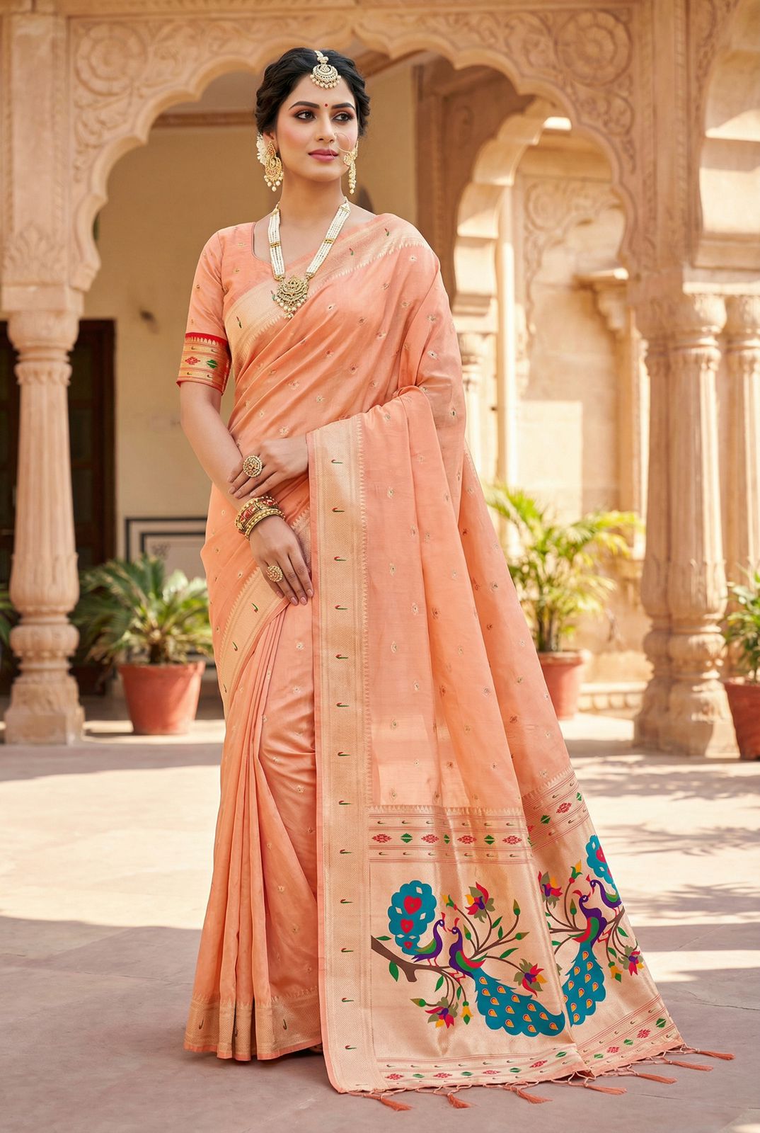 Desultory Peach Paithani Silk Saree With Ratatouille Blouse Piece