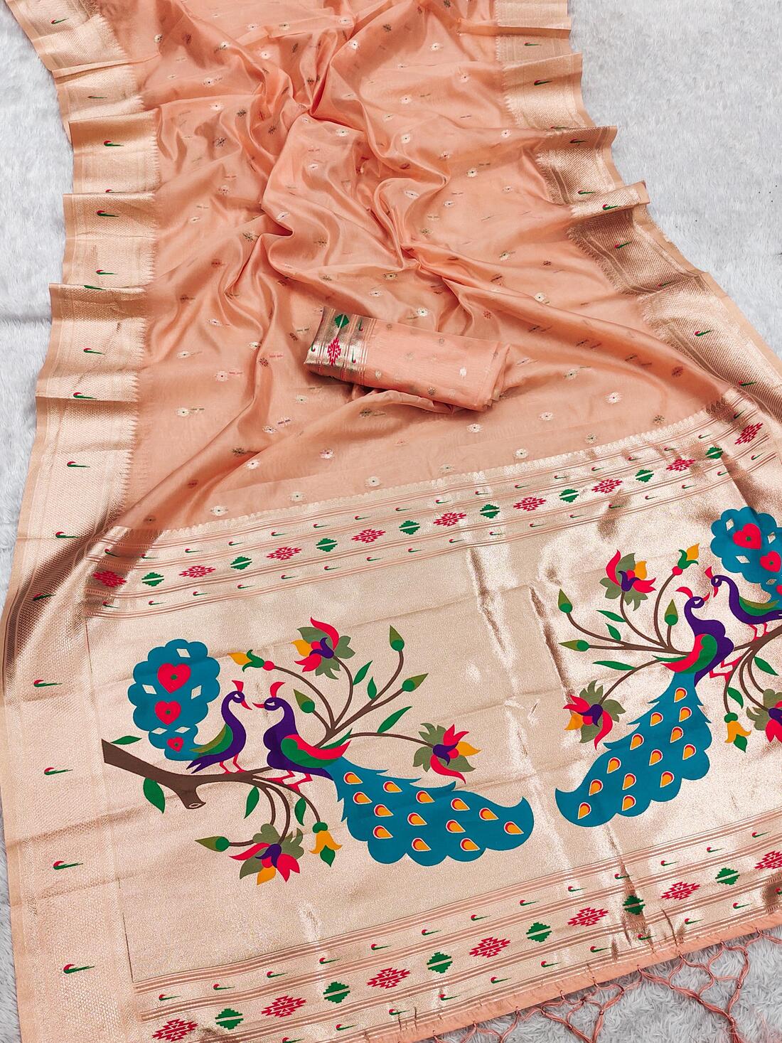 Desultory Peach Paithani Silk Saree With Ratatouille Blouse Piece