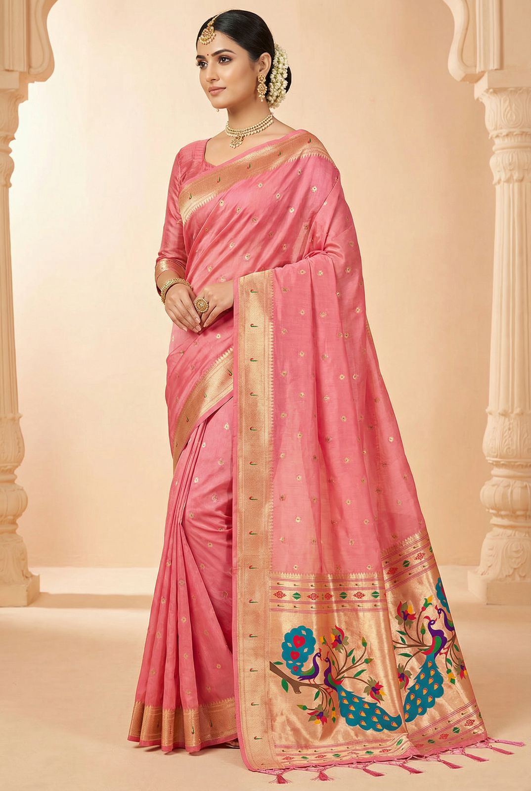 Conflate Pink Paithani Silk Saree With Energetic Blouse Piece