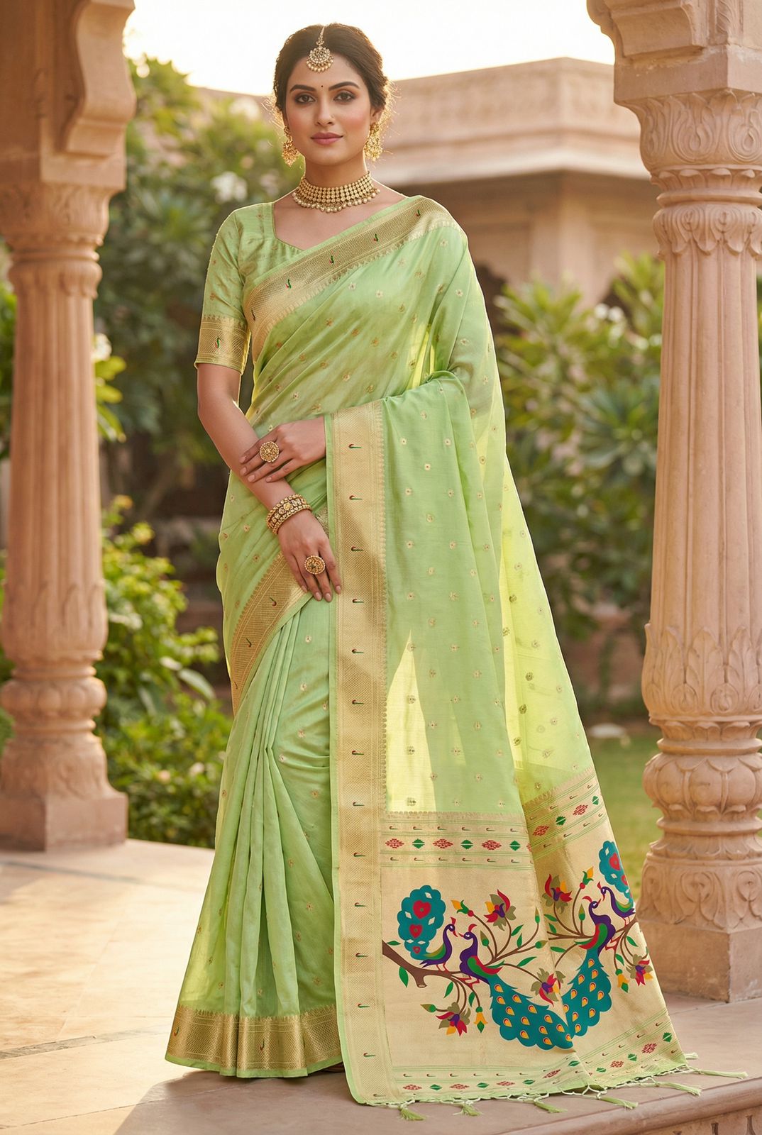 Brood Pista Paithani Silk Saree With Adorable Blouse Piece
