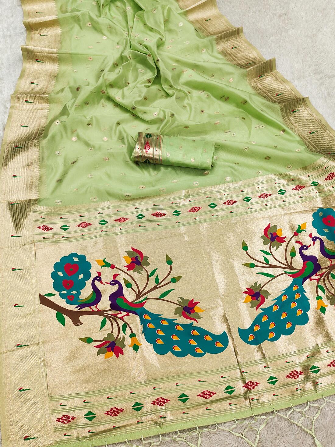 Brood Pista Paithani Silk Saree With Adorable Blouse Piece