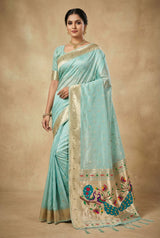 Vibrant Sky Paithani Silk Saree With Verdant Blouse Piece
