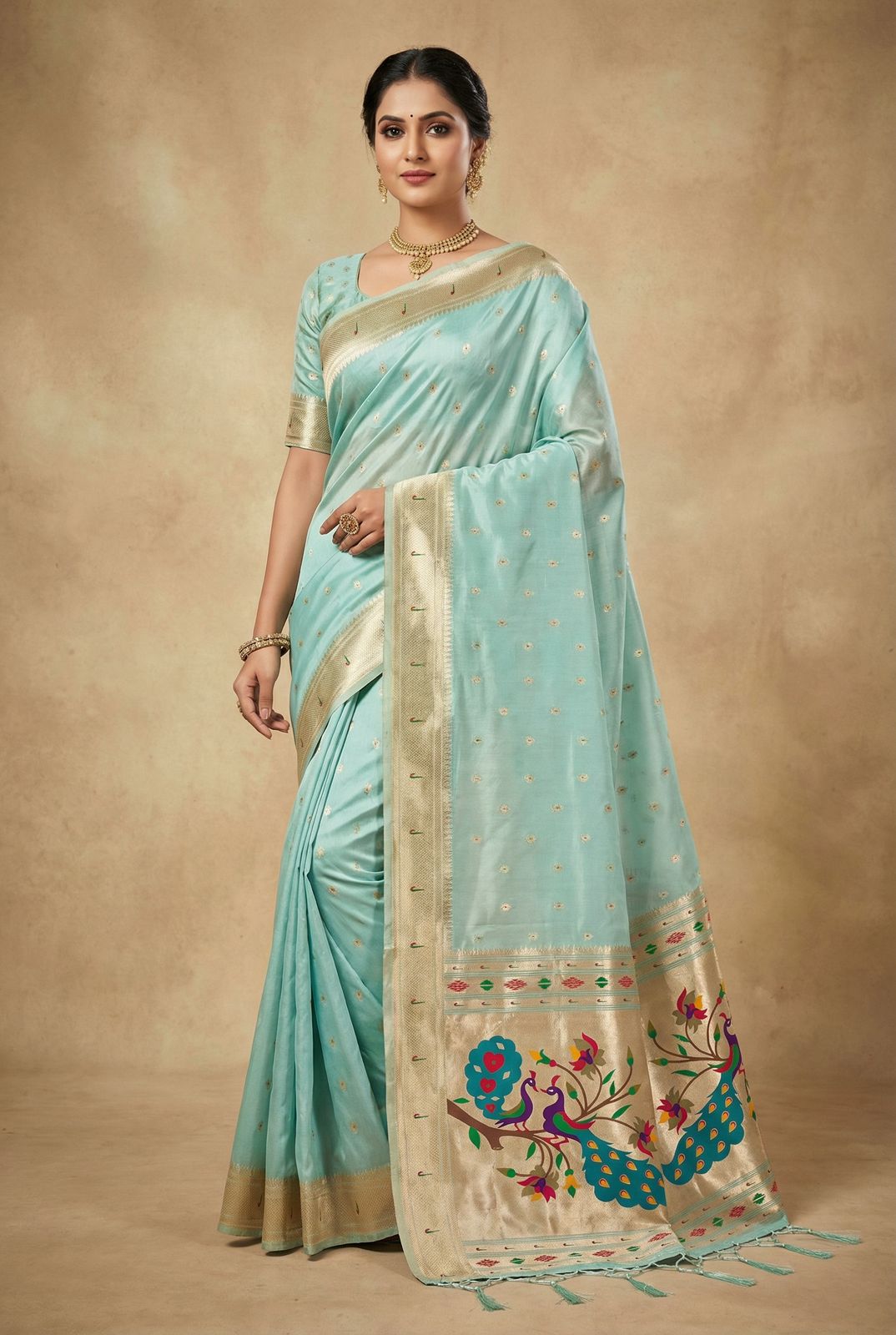 Vibrant Sky Paithani Silk Saree With Verdant Blouse Piece