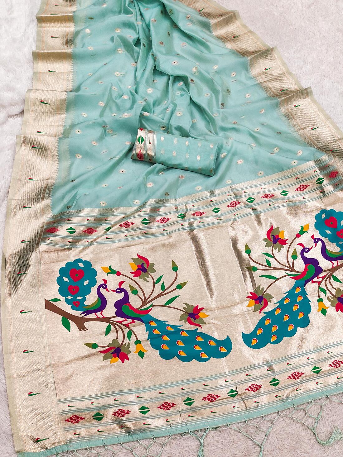 Vibrant Sky Paithani Silk Saree With Verdant Blouse Piece