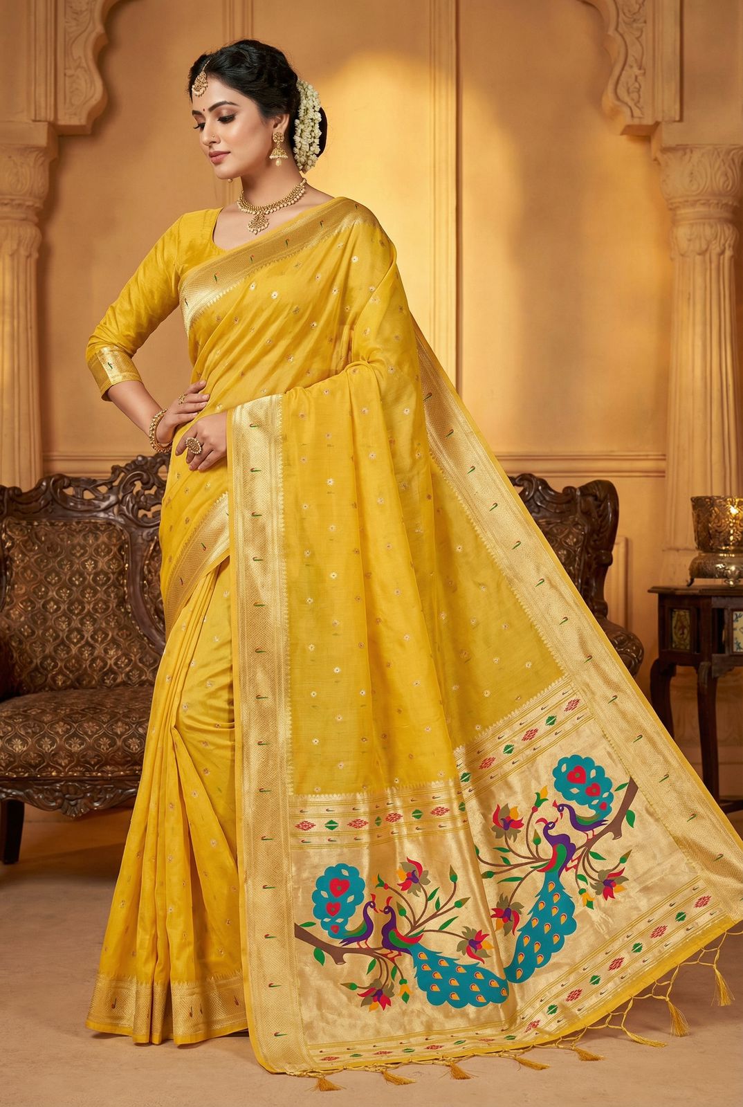 Confounding Yellow Paithani Silk Saree With Diaphanous Blouse Piece