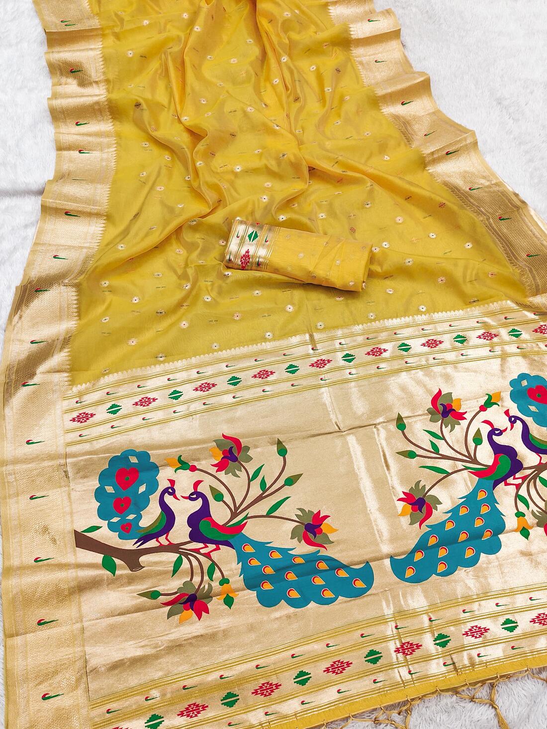Confounding Yellow Paithani Silk Saree With Diaphanous Blouse Piece