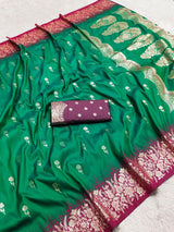 Glorious Green Pure Zari Weaving Banarasi Silk Saree With Glamorous Blouse Piece