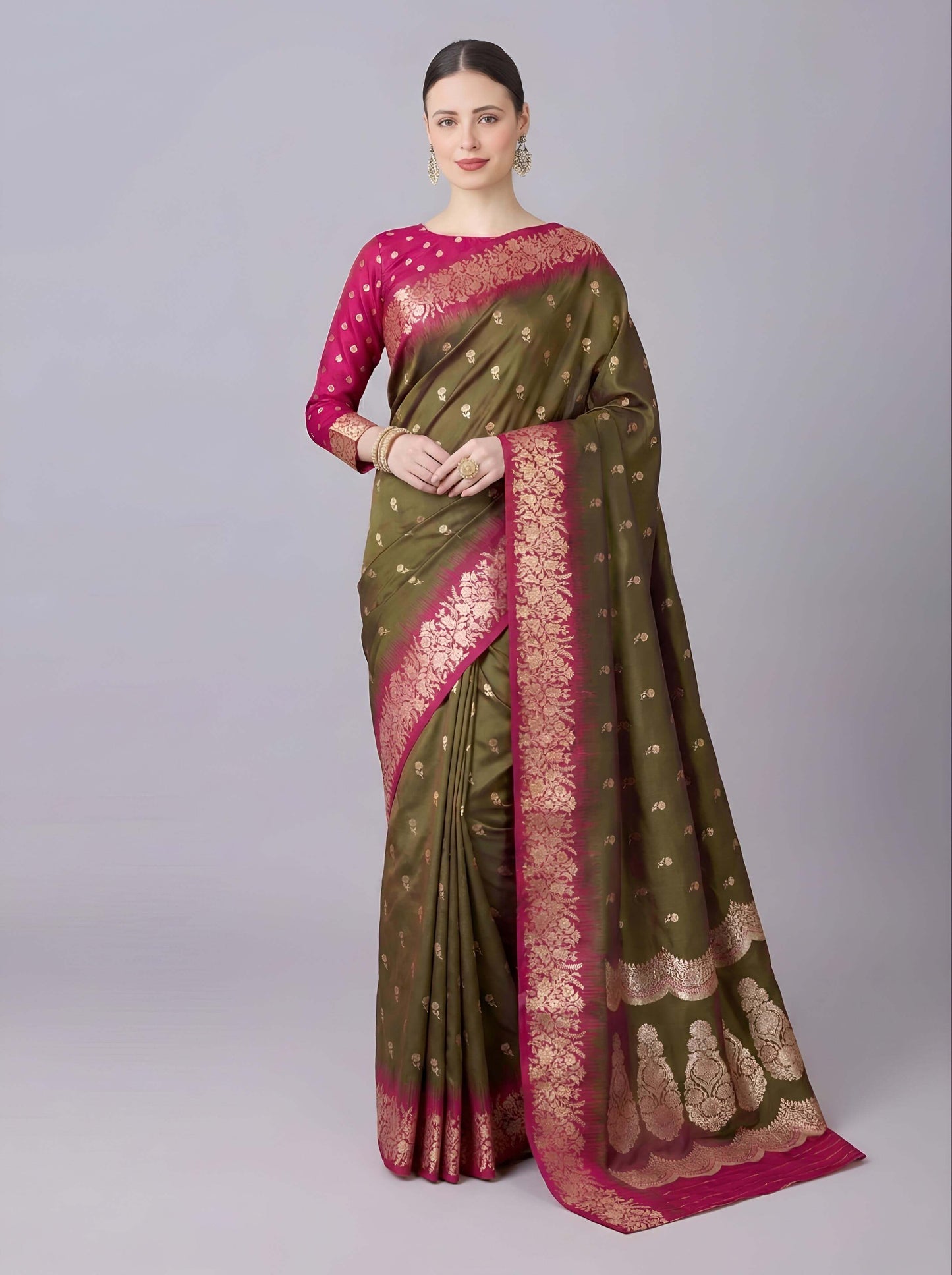 Admirable Mehndi Pure Zari Weaving Banarasi Silk Saree With Pretty Blouse Piece