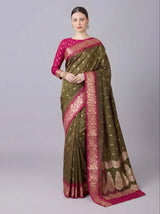 Admirable Mehndi Pure Zari Weaving Banarasi Silk Saree With Pretty Blouse Piece