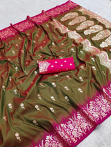 Admirable Mehndi Pure Zari Weaving Banarasi Silk Saree With Pretty Blouse Piece
