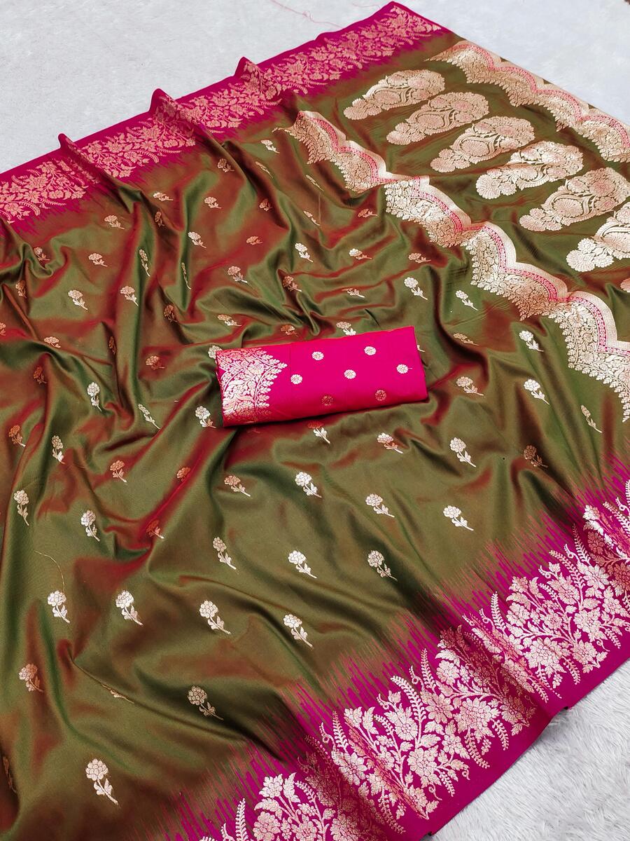 Admirable Mehndi Pure Zari Weaving Banarasi Silk Saree With Pretty Blouse Piece