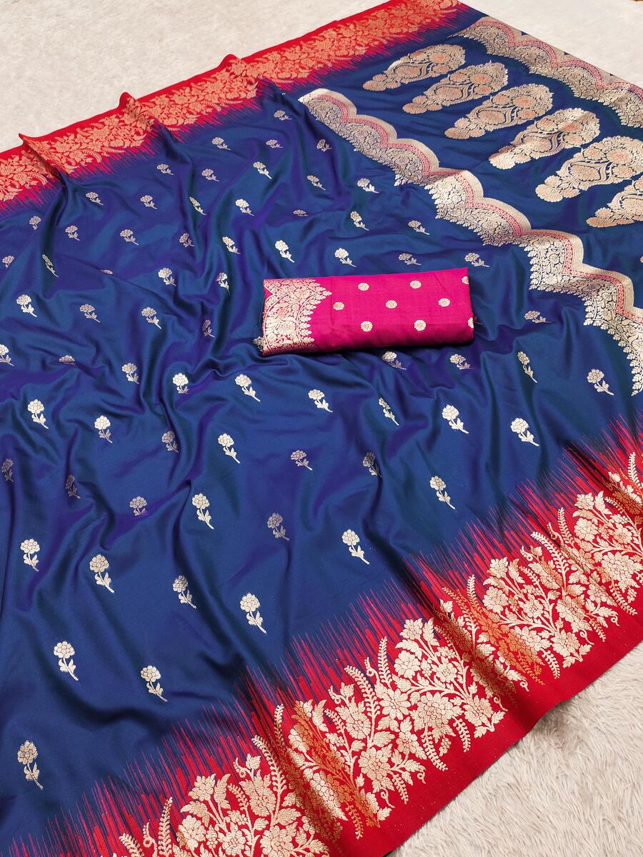 Staggering Navy Blue Pure Zari Weaving Banarasi Silk Saree With Cynosure Blouse Piece