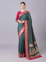 Nemesis Rama Pure Zari Weaving Banarasi Silk Saree With Desuetude Blouse Piece