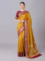 Flamboyant Yellow Pure Zari Weaving Banarasi Silk Saree With Seraphic Blouse Piece