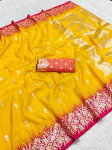 Flamboyant Yellow Pure Zari Weaving Banarasi Silk Saree With Seraphic Blouse Piece