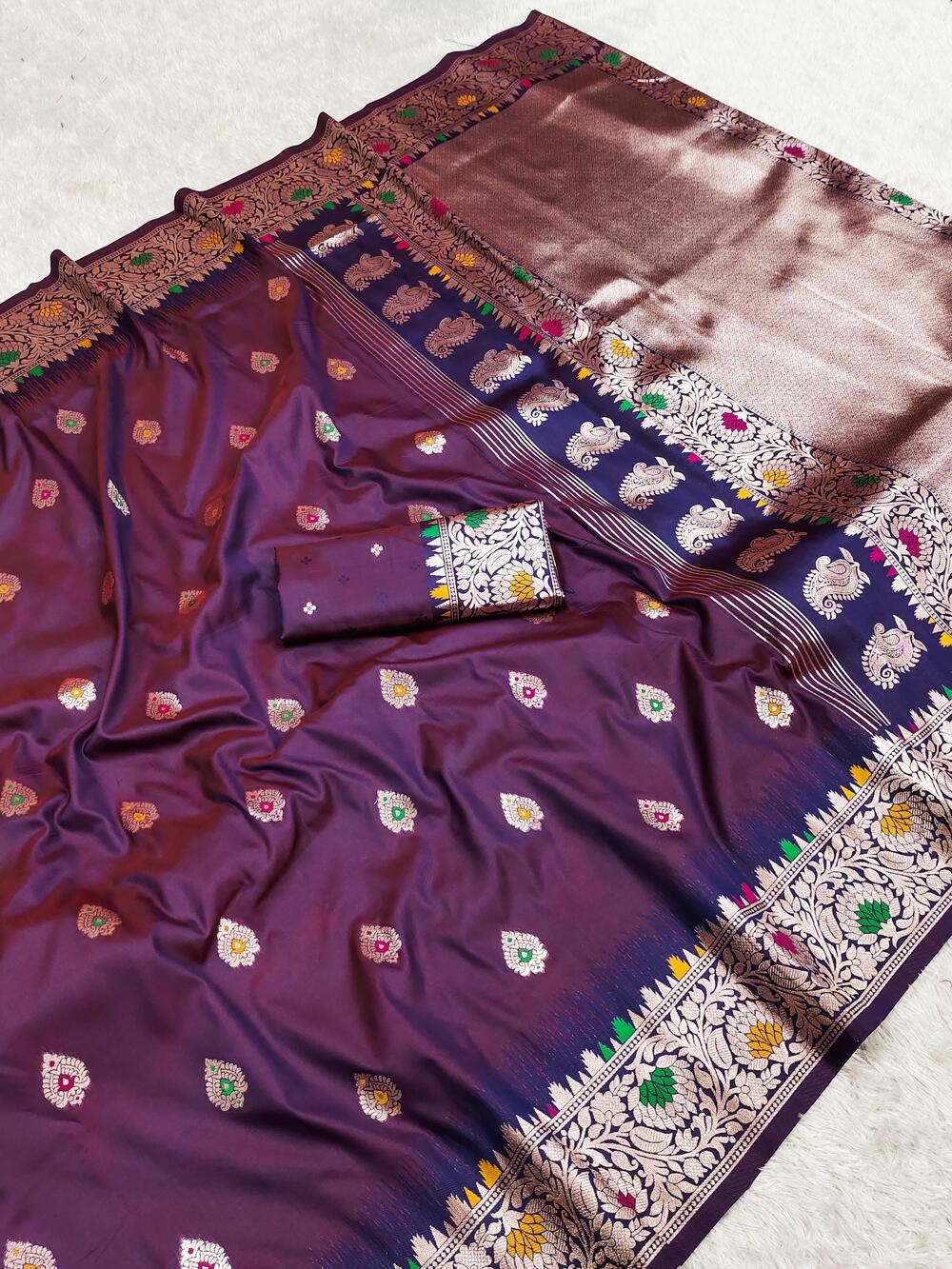 Alluring Wine Soft Banarasi Silk Saree With Blissful Blouse Piece