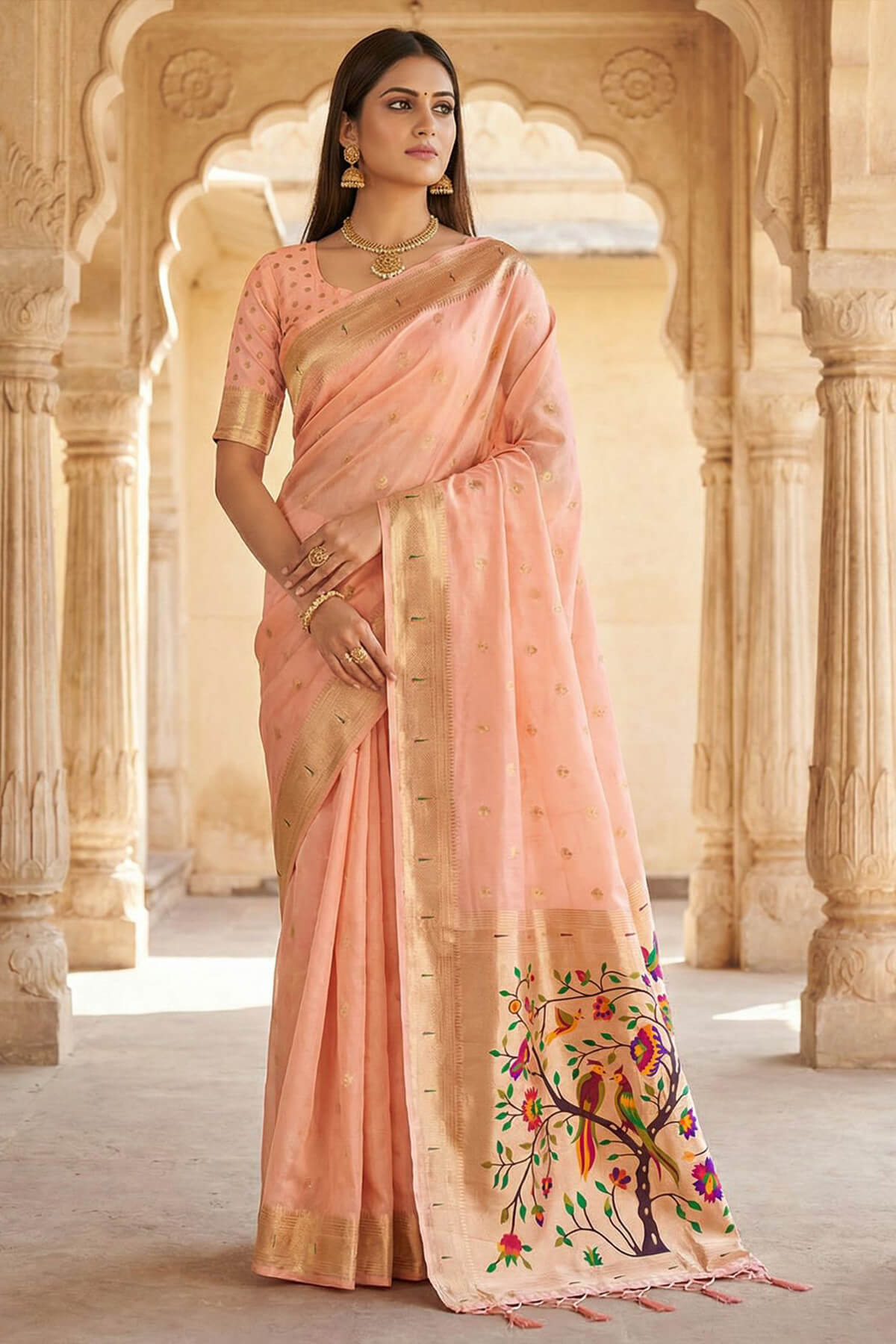 Rhapsodic Baby Pink Paithani Silk Saree With Assemblage Blouse Piece