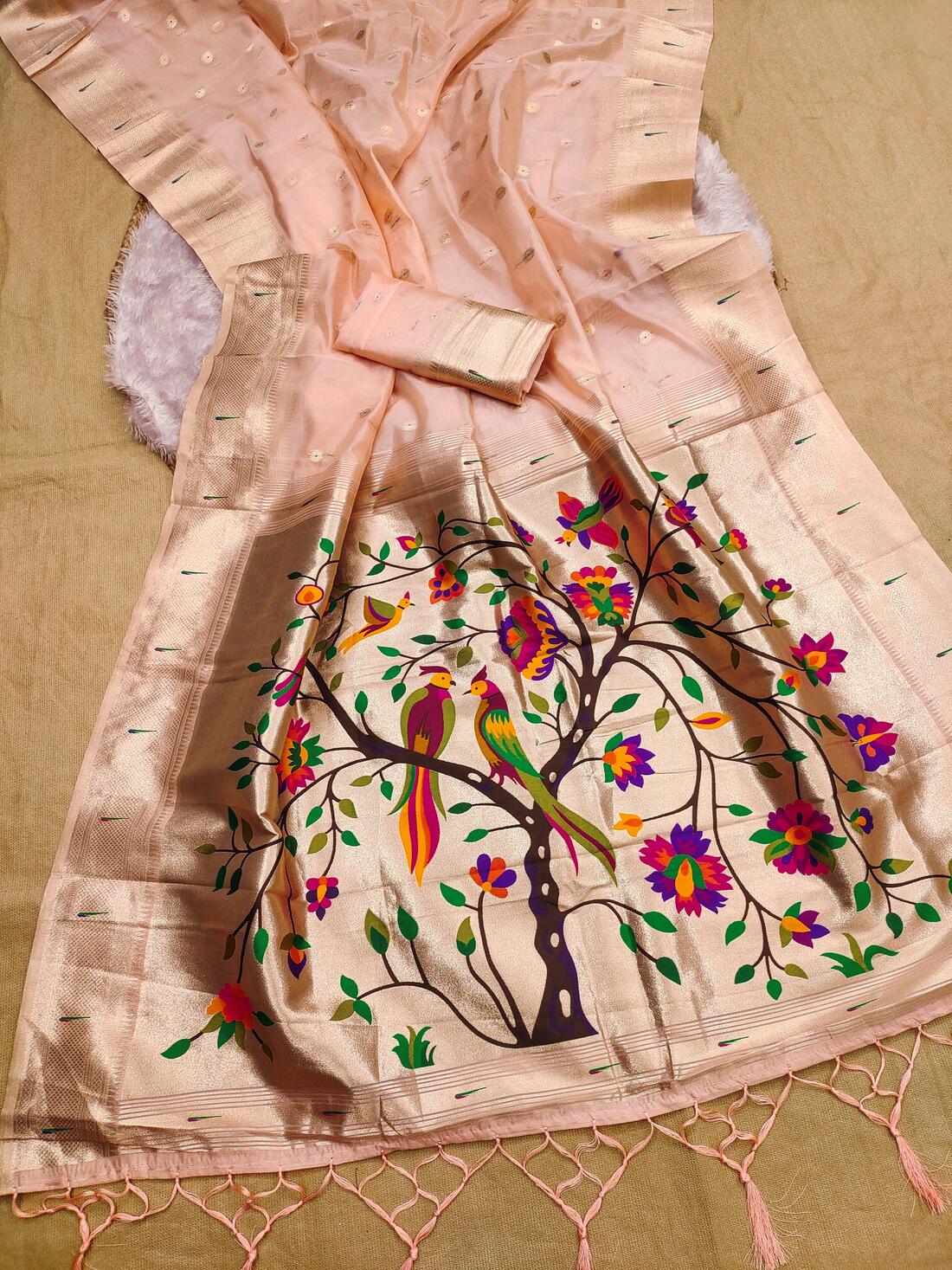 Rhapsodic Baby Pink Paithani Silk Saree With Assemblage Blouse Piece
