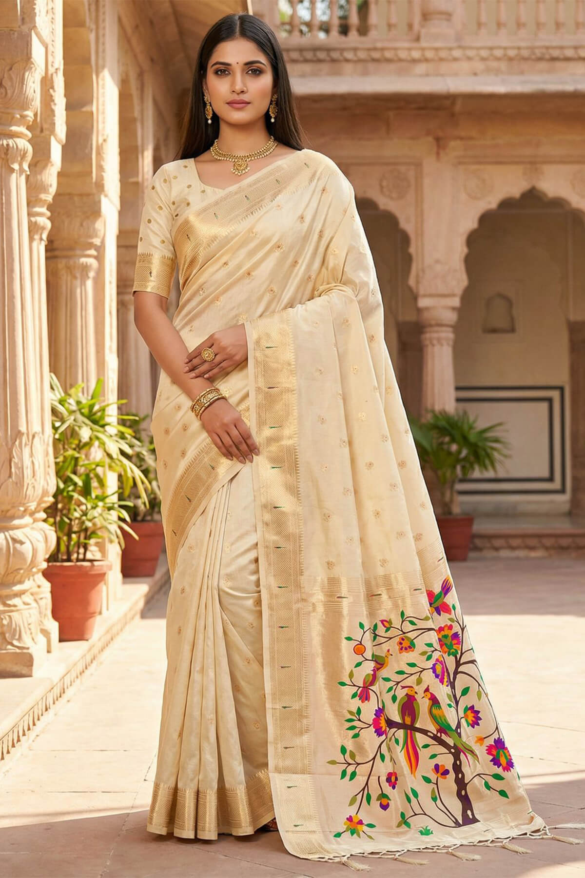 Deserving Beige Paithani Silk Saree With Ebullience Blouse Piece
