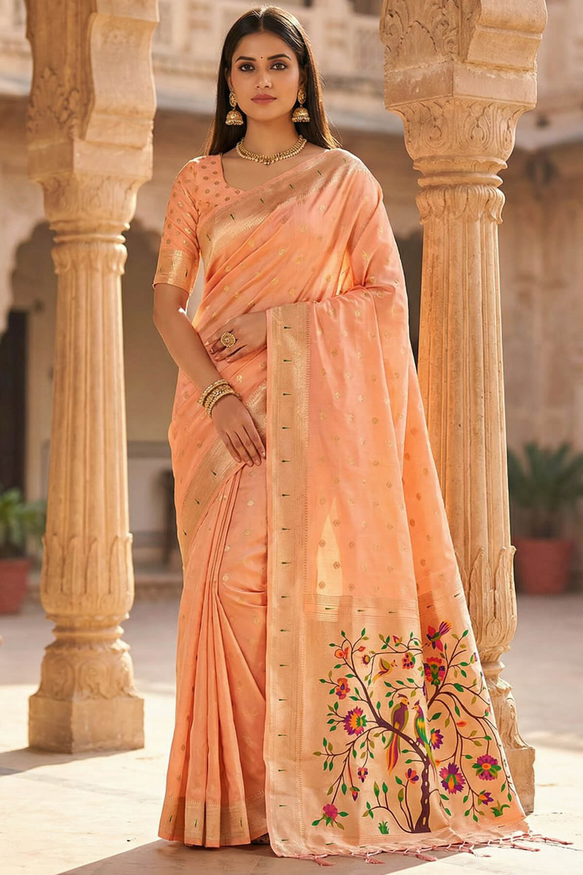 Denouement Peach Paithani Silk Saree With Prodigal Blouse Piece