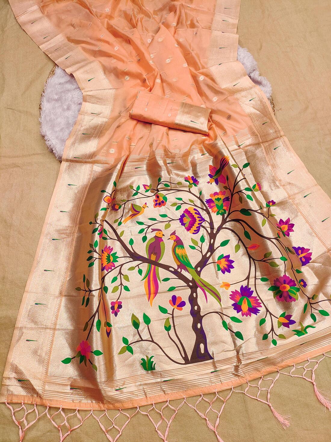 Denouement Peach Paithani Silk Saree With Prodigal Blouse Piece