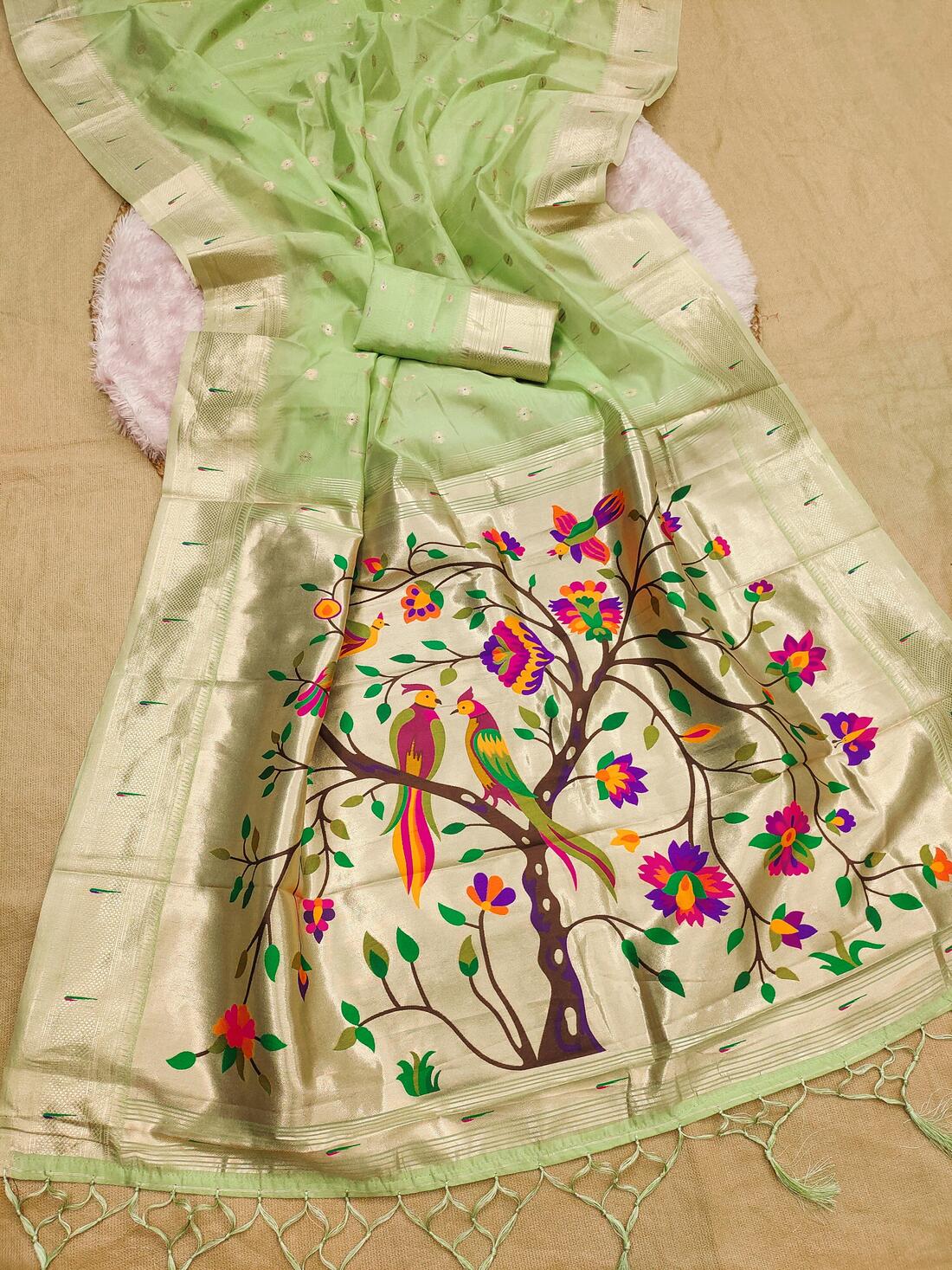 Delightful Pista Paithani Silk Saree With Sonorous Blouse Piece