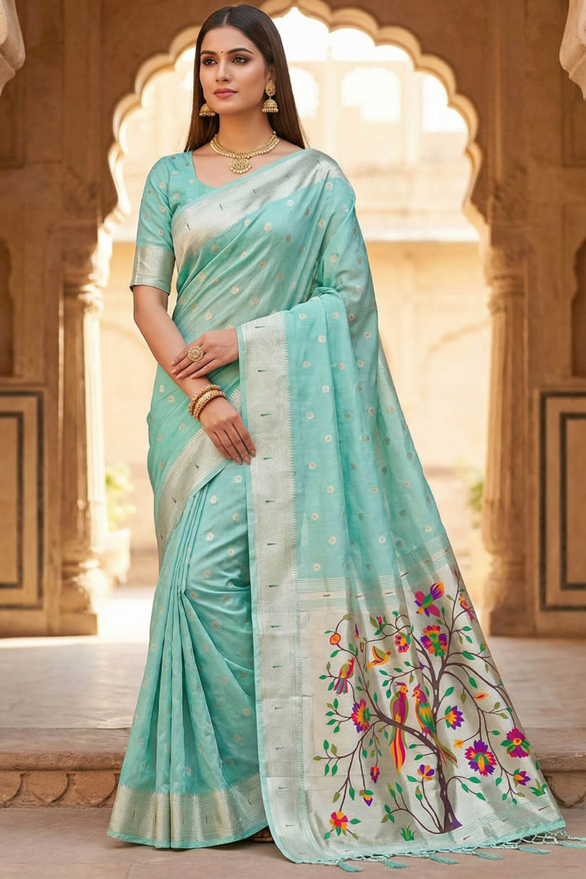 Demure Sky Paithani Silk Saree With Gleaming Blouse Piece
