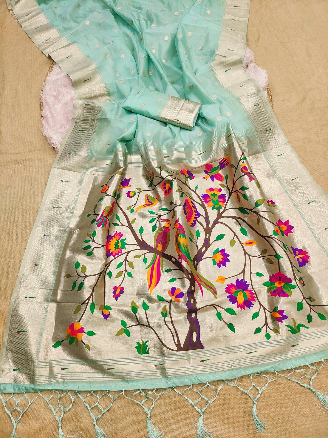 Demure Sky Paithani Silk Saree With Gleaming Blouse Piece