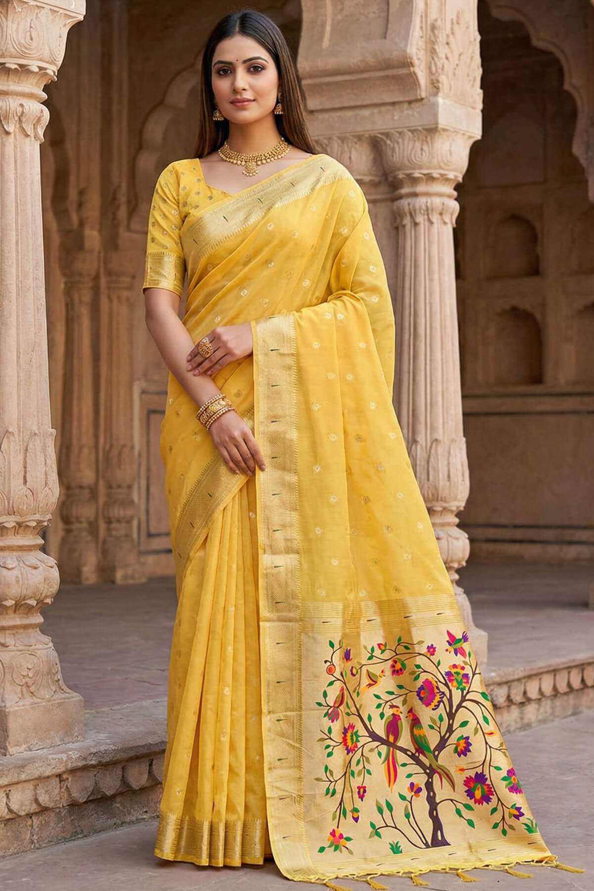 Scintilla Yellow Paithani Silk Saree With Beguiling Blouse Piece