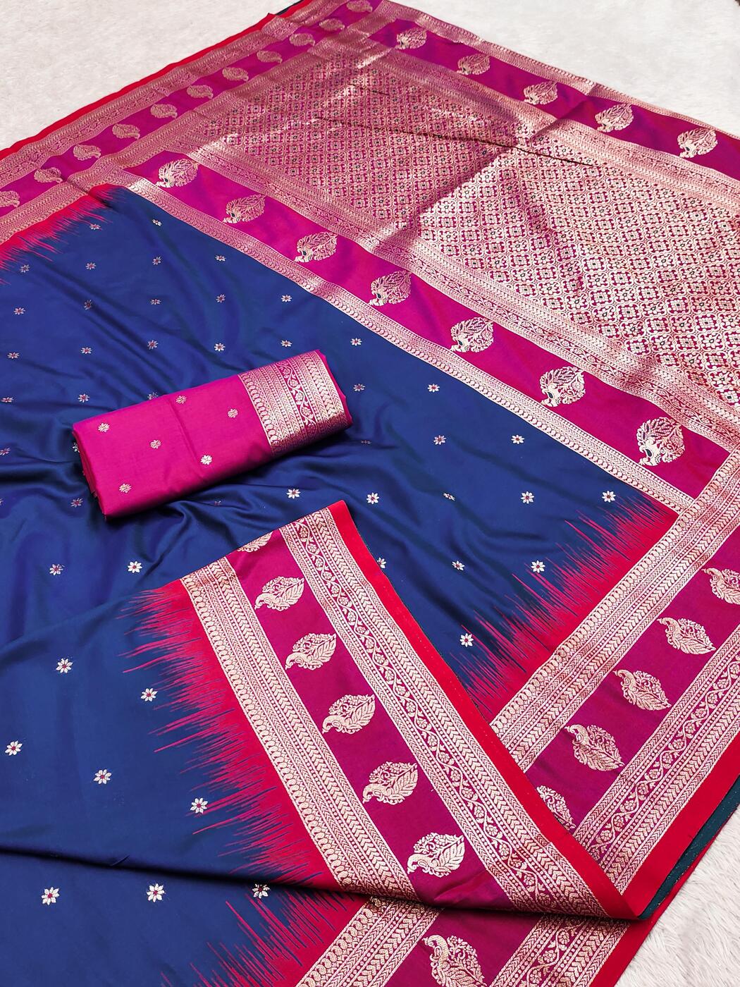 Diaphanous Blue Pure Zari Weaving Banarasi Silk Saree With Inspiring Blouse Piece