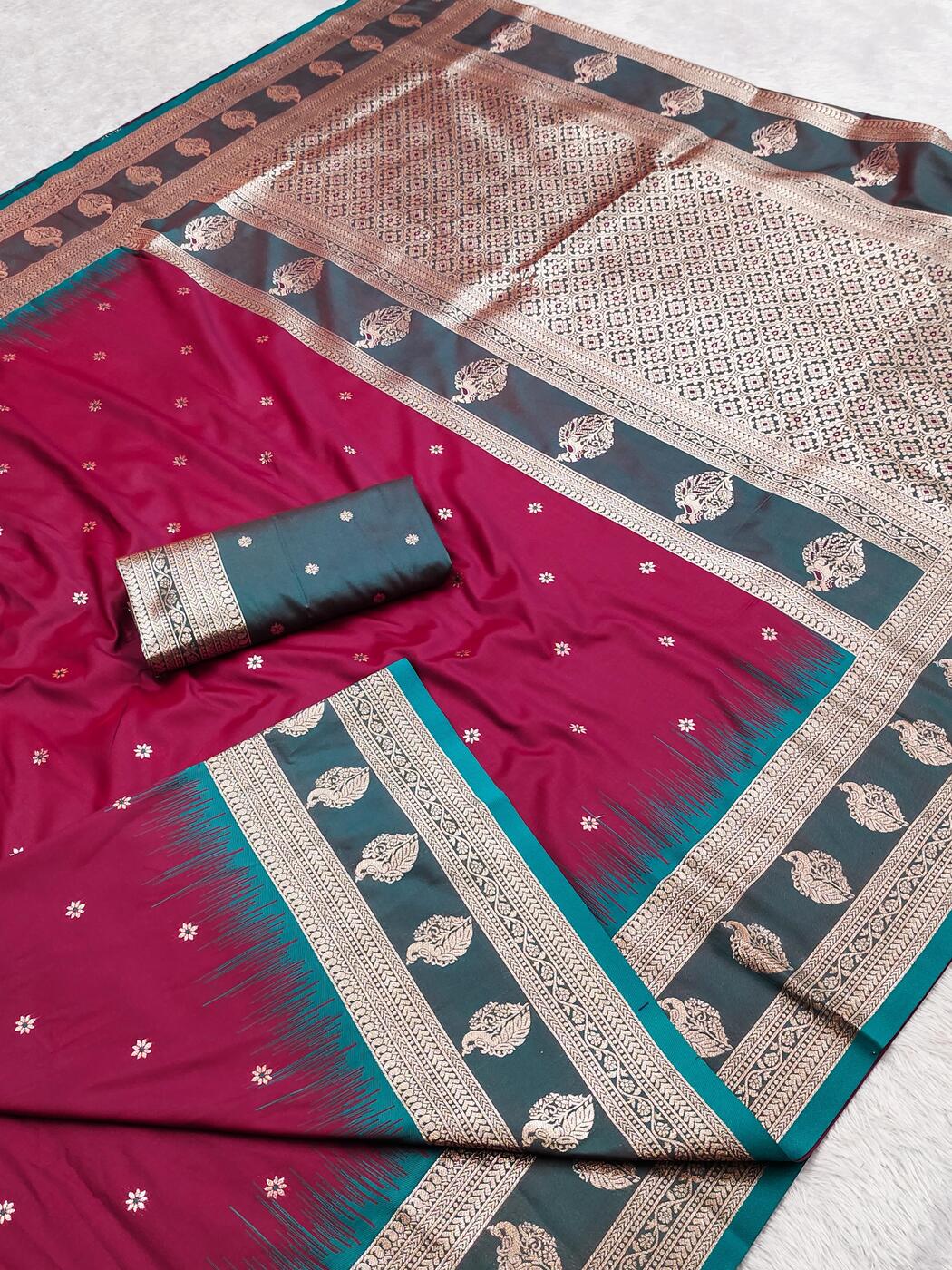 Palimpsest Maroon Pure Zari Weaving Banarasi Silk Saree With Luminous Blouse Piece