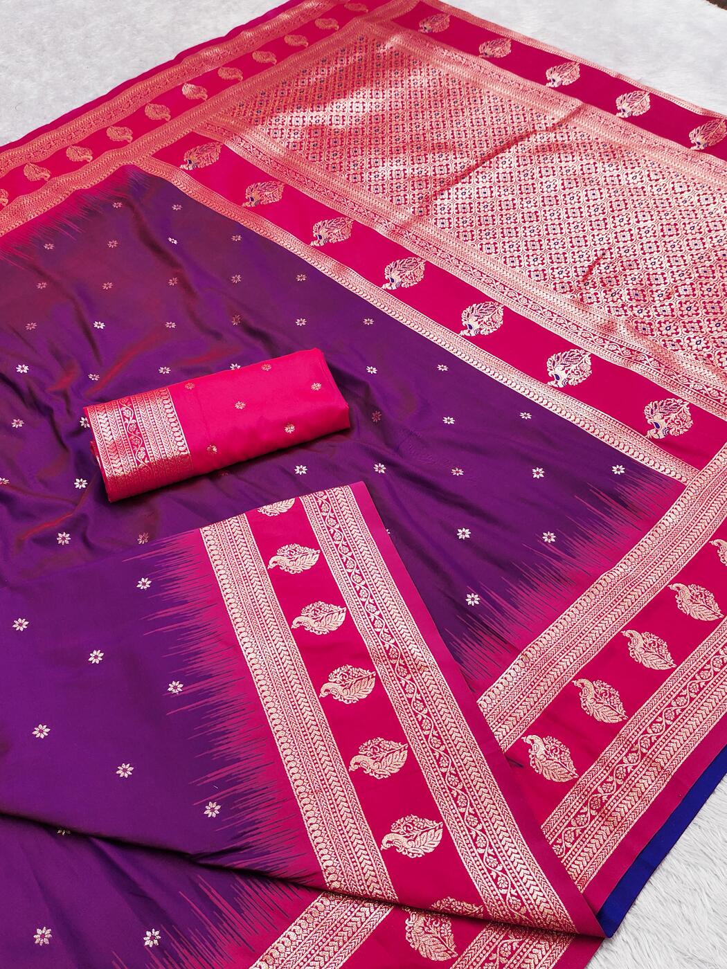 Supernal Wine Pure Zari Weaving Banarasi Silk Saree With Vestigial Blouse Piece