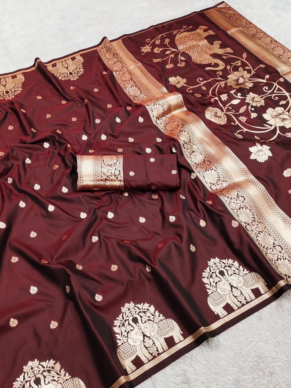 Grandiose Brown Pure Zari Weaving Banarasi Silk Saree With Piquant Blouse Piece