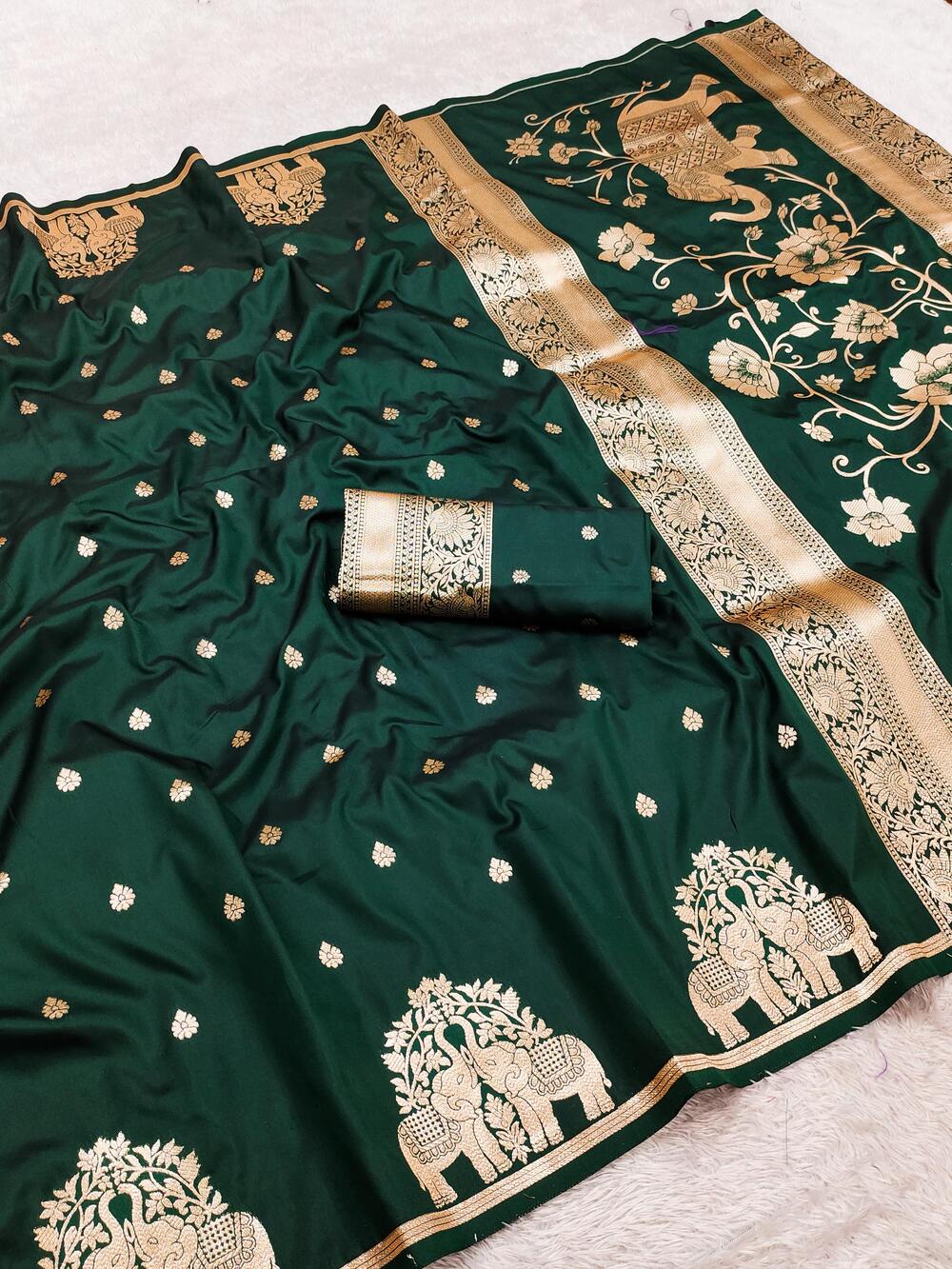 Winsome Dark Green Pure Zari Weaving Banarasi Silk Saree With Alluring Blouse Piece