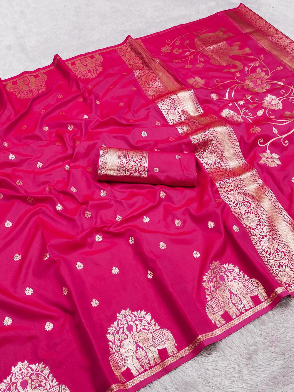 Skinny Dark Pink Pure Zari Weaving Banarasi Silk Saree With Sensational Blouse Piece