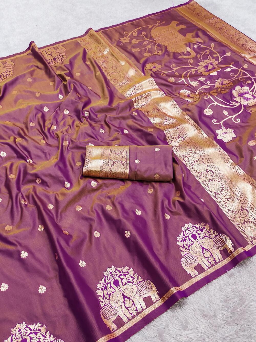 Intricate Lavender Pure Zari Weaving Banarasi Silk Saree With Imaginative Blouse Piece