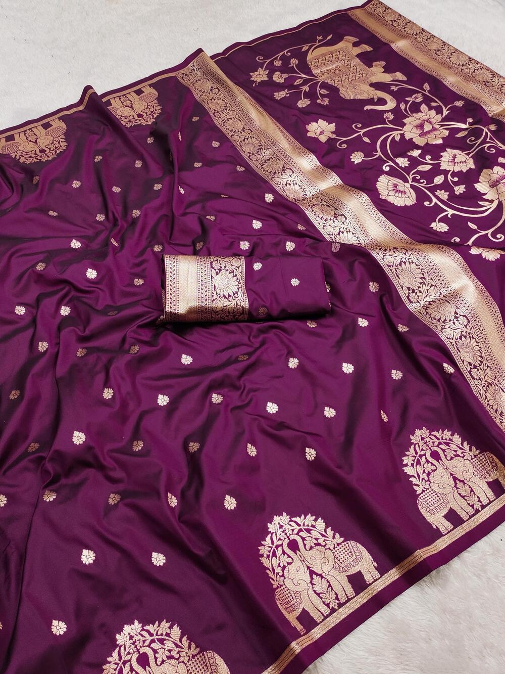 Enticing Wine Pure Zari Weaving Banarasi Silk Saree With Engaging Blouse Piece