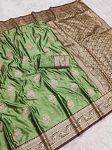 Chatoyant Green Banarasi Satin Silk Saree With Glittering Blouse