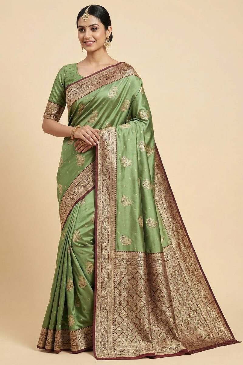 Chatoyant Green Banarasi Satin Silk Saree With Glittering Blouse