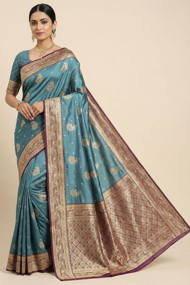 Demanding Grey Banarasi Satin Silk Saree With Exuberant Blouse