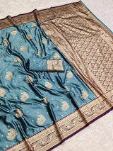 Demanding Grey Banarasi Satin Silk Saree With Exuberant Blouse