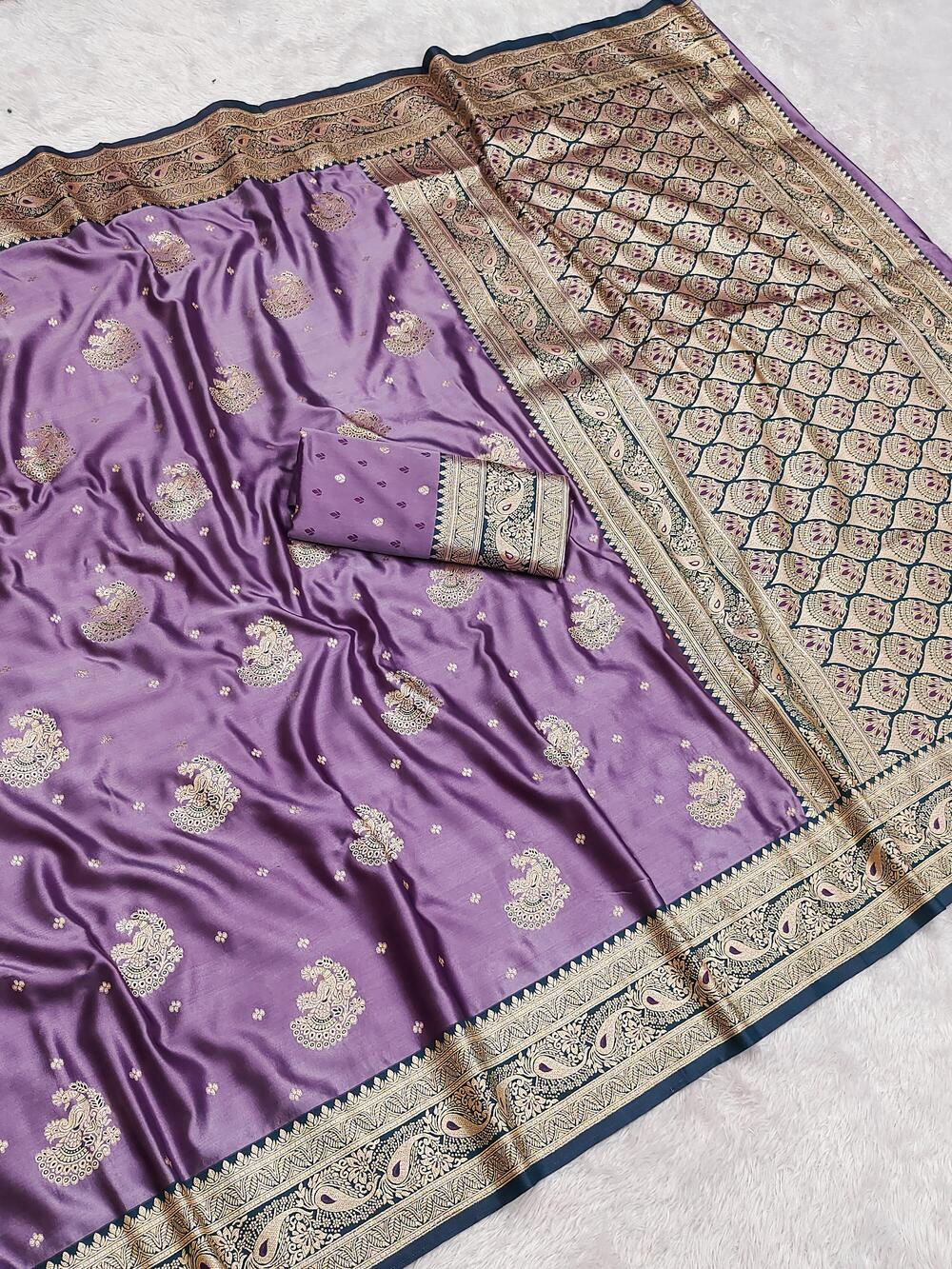 Elision Lavender Banarasi Satin Silk Saree With Surreptitious Blouse